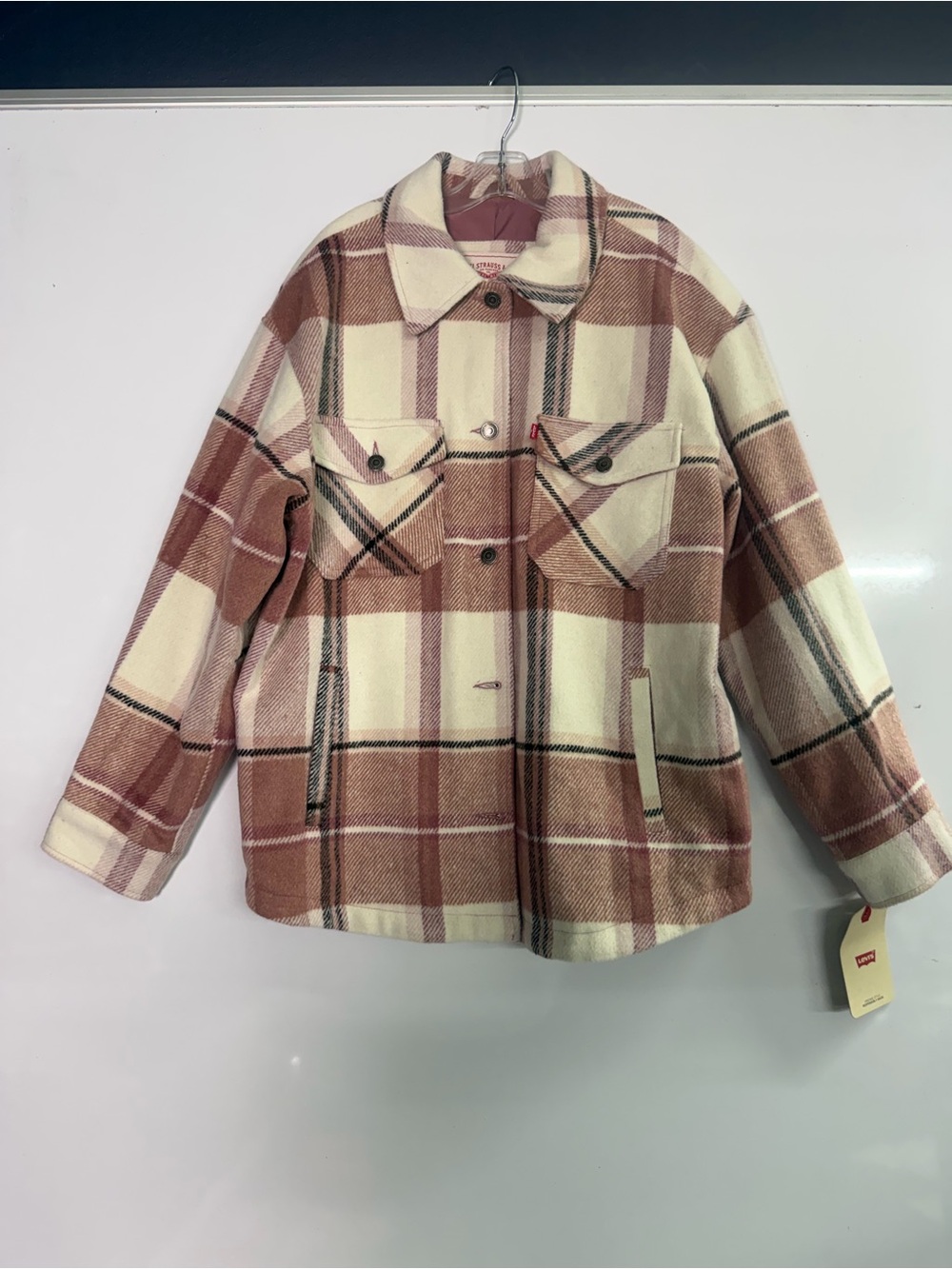 Levi's Women's Cream and Pink Plaid Utility Shacket